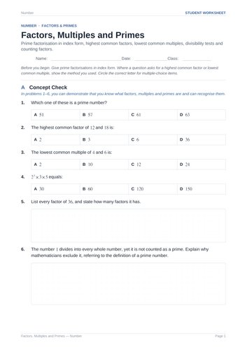 Factors, Multiples and Primes Practice & Key
