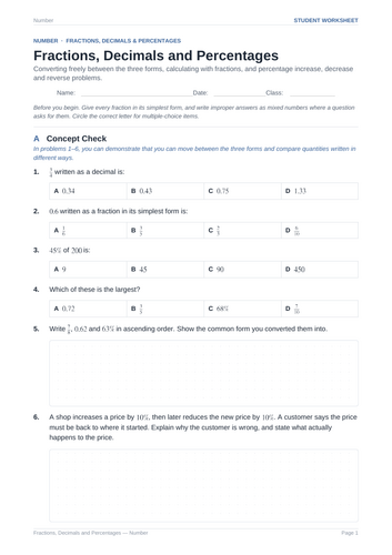 Fractions, Decimals and Percentages Practice & Key