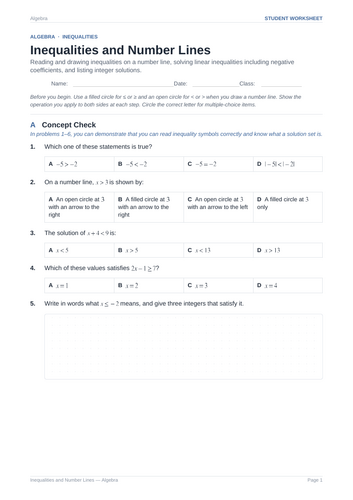 Inequalities and Number Lines Practice & Key
