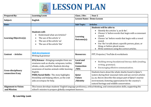 FREE Year 1-3 English Lesson Plan: Articles (a, an & the)