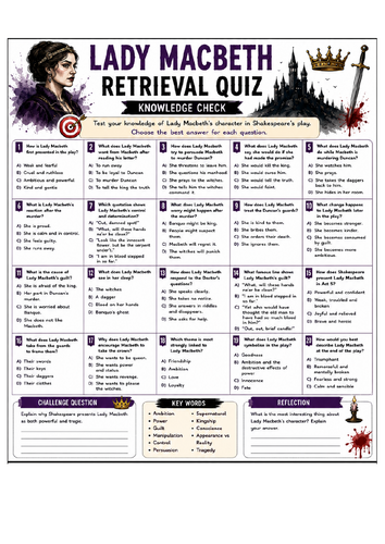 Lady Macbeth Retrieval Quiz | GCSE English Literature | AQA | Knowledge Organiser & Starter Activity