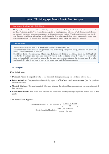 PSHE / Financial Education Cover Lesson: Mortgage Points Break-Even Analysis (No Prep)