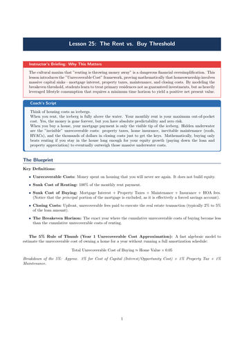 PSHE / Financial Education Cover Lesson: The Rent vs. Buy Threshold (No Prep)