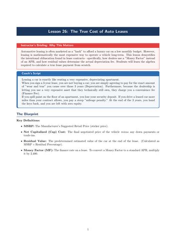 PSHE / Financial Education Cover Lesson: The True Cost of Auto Leases (No Prep)