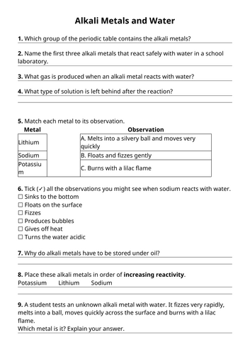 Alkali Metal and Water Worksheet