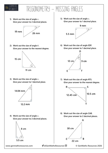 Trigonometry Missing Angles - Maths GCSE Foundation Worksheet