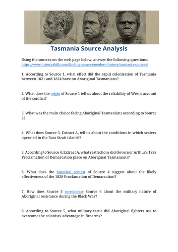 European Colonisation of Tasmania Source Analysis Worksheet