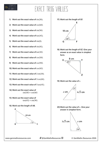 Trigonometry Exact Trig Values - Maths GCSE Foundation Worksheet