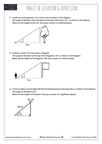 Trigonometry Angles of Elevation & Depression - Maths GCSE Foundation Worksheet