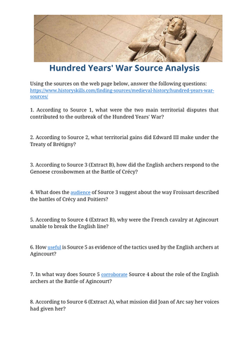 Hundred Years' War Source Analysis Worksheet