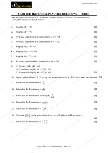 IGCSE/GCSE SURDS Practice Questions Worksheet