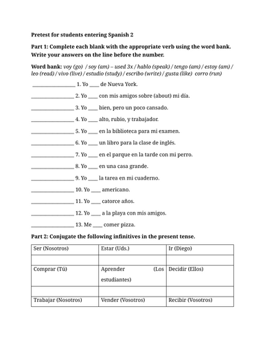 Pretest for students entering Spanish 2