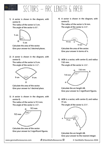 Area of Sectors and Arc Length - Maths GCSE Higher Worksheet