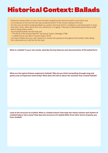 Ballads KS3 Worksheet