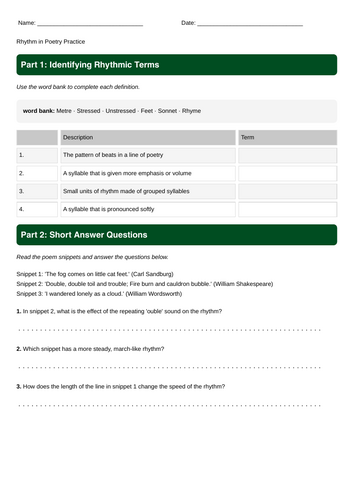 Rhythm in Poetry KS3 Worksheet