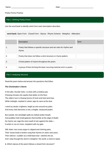 Open vs Closed Form Poetry KS3 Worksheet