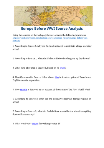 Europe Before WWI Source Analysis Worksheet