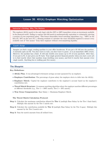 PSHE / Financial Education Cover Lesson: 401(k) Employer Matching Optimization (No Prep)