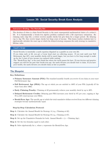 PSHE / Financial Education Cover Lesson: Social Security Break-Even Analysis (No Prep)