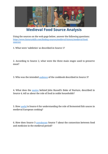 Medieval Food Source Analysis Worksheet