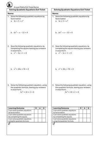 Solving Quadratic Equations Exit Ticket