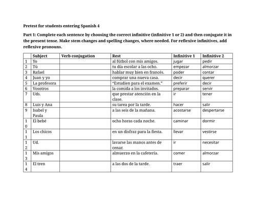 Pretest for students entering Spanish 4