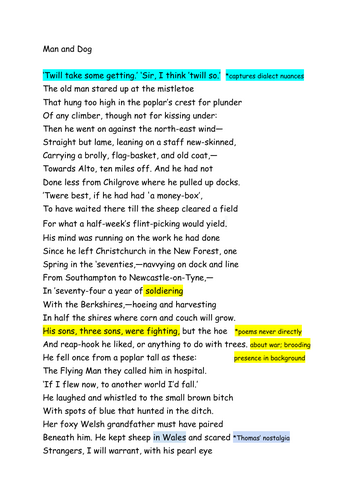 "Man and Dog" Edward Thomas poetry anthology WJEC A LEVEL ENGLISH LITERATURE