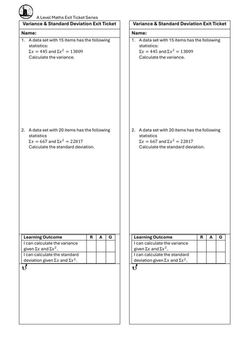 Variance and Standard Deviation Exit Ticket