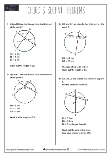 Circle Theorems Intersecting Chords and Secants  - Maths IGCSE Higher Worksheet