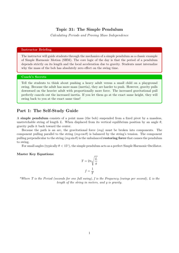 AS-Level Physics Cover Work: The Simple Pendulum (No Prep)