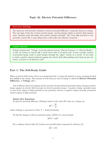 AS-Level Physics Cover Work: Electric Potential Difference (No Prep)