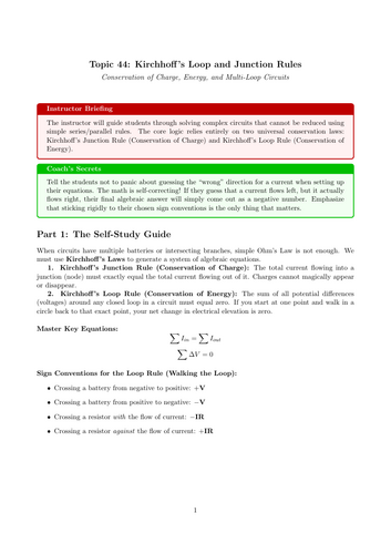 AS-Level Physics Cover Work: Kirchhoff ’s Loop and Junction Rules (No Prep)