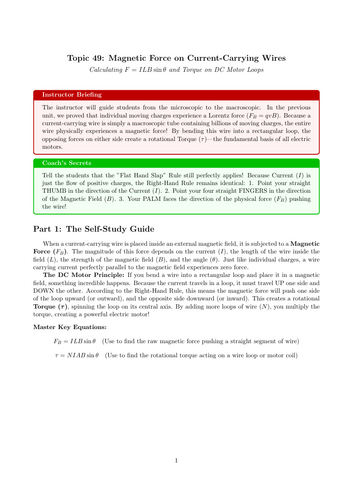 AS-Level Physics Cover Work: Magnetic Force on Current-Carrying Wires (No Prep)
