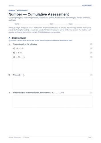 Number Cumulative Assessment 1 & Key