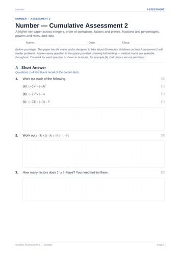 Number Cumulative Assessment 2 & Key