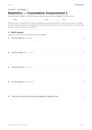 Statistics Cumulative Assessment 1 & Key