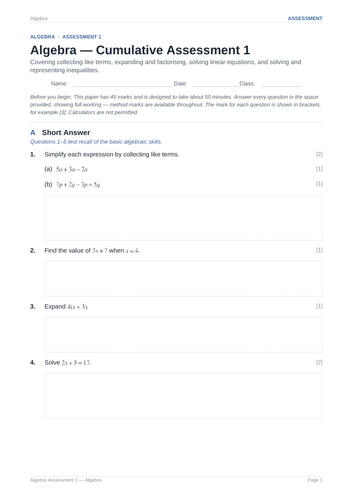 Algebra Cumulative Assessment 1 & Key