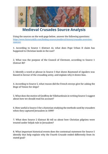 Overview of the Medieval Crusades Source Analysis Worksheet