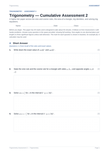 Trigonometry Cumulative Assessment 2 & Key