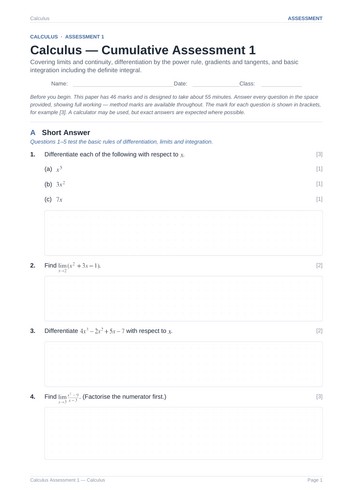 Calculus Cumulative Assessment 1 & Key