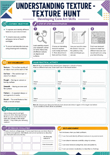 KS3 Art Texture Hunt Worksheet | Observational Drawing Activity | Texture Investigation