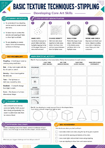 KS3 Art Stippling Worksheet | Texture & Tone Drawing Activity