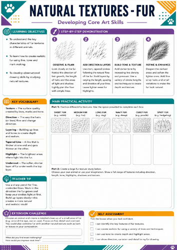 KS3 Art Fur Texture Worksheet | Animal Drawing | Pencil Texture Practice
