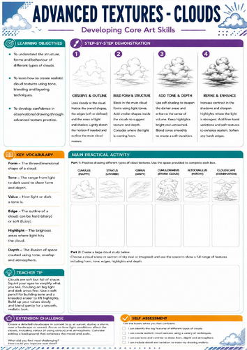 KS3 Art Clouds Texture Worksheet | Pencil Shading & Observational Drawing