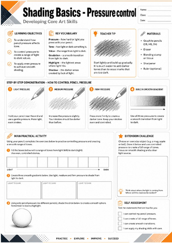 KS3 Art | Shading Basics – Pressure Control | Printable Shading Worksheet | Pencil Drawing | GCSE Ar
