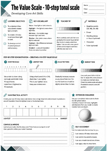 KS3 Art | The Value Scale – 10 Step Tonal Scale | Printable Shading Worksheet | Tone & Value