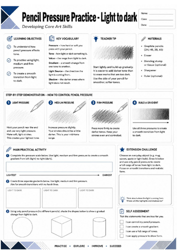 KS3 Art | Pencil Pressure Practice – Light to Dark | Printable Drawing Worksheet | Pencil Control