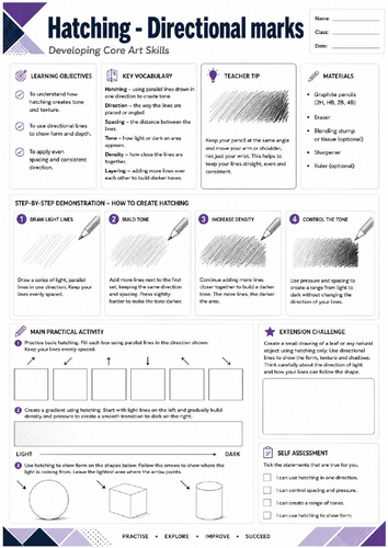 KS3 Art | Hatching – Directional Marks | Printable Art Worksheet | Shading Techniques