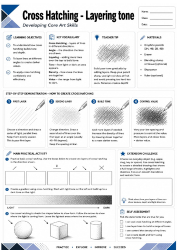 KS3 Art | Cross Hatching – Layering Tone | Printable Drawing Worksheet | Pencil Shading