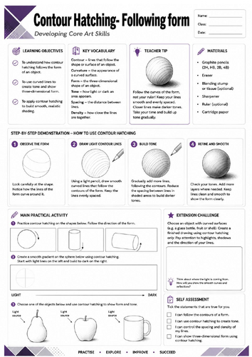 KS3 Art | Contour Hatching – Following Form | Printable Art Worksheet | Observational Drawing